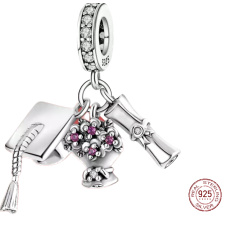 Sterling silver 925 Graduation - Graduation cap, diploma, flowers, 3in1 Graduate pendant on bracelet