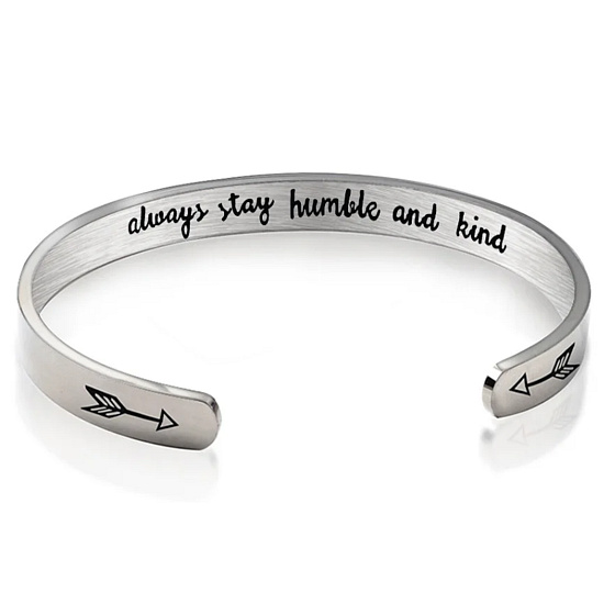 Stainless steel bracelet silver with engraving Always tell the story..., open cuff, 4 mm