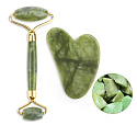 Jade Gua Sha 5 x 8 cm + massage roller 14 x 5,5 cm reduces wrinkles, swelling, improves skin elasticity, set