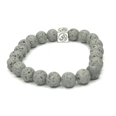 Lava light grey with royal mantra Om, bracelet elastic natural stone, ball 8 mm / 16-17 cm, born of the four elements
