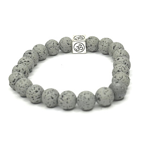 Lava light grey with royal mantra Om, bracelet elastic natural stone, ball 8 mm / 16-17 cm, born of the four elements