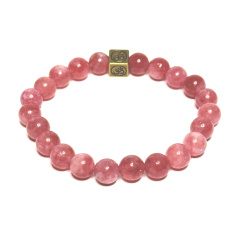 Rose Quartz / Strawberry Quartz with Royal Mantra Om Elastic Bracelet Natural Stone, 8 mm Bead / 16 - 17 cm, AAA Quality, the Most Perfect Healer