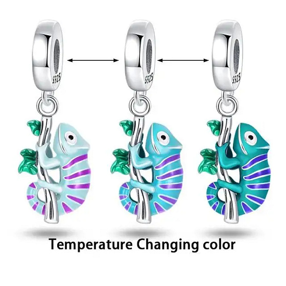 Charm Sterling silver 925 Thermo - Chameleon on a twig changing colour, pendant for bracelet, animal