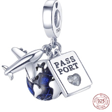 Charm Sterling silver 925 Round the world, globe, passport, plane, 3in1 travel bracelet pendant