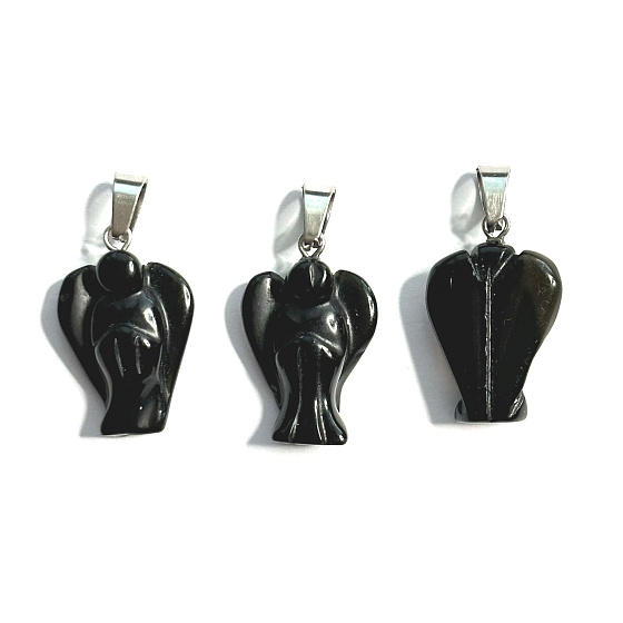 Black Agate Angel Pendant Natural Stone Hand Polished 2-2.2cm, Calm-Protection-Strength-Harmony