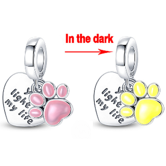 Charm Sterling silver 925 Luminous - Cat, Dog, Bear Paw, 2in1 pet bracelet pendant