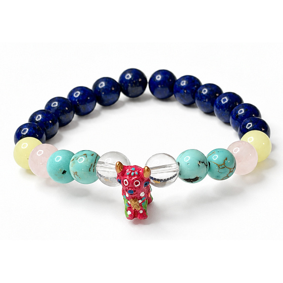 Colorful Memories of Peru – elastic bracelet with a pink alpaca | 8 mm beads, 16–17 cm