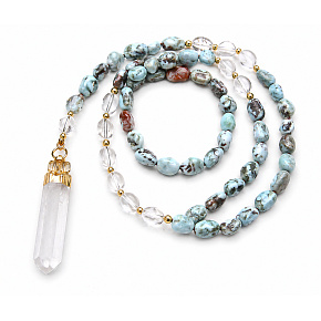 108 Mala Larimar necklace meditation jewelry, natural stone raw crystal, nugget 6 - 9 mm, pendant 8 - 15 x 45 - 70 mm