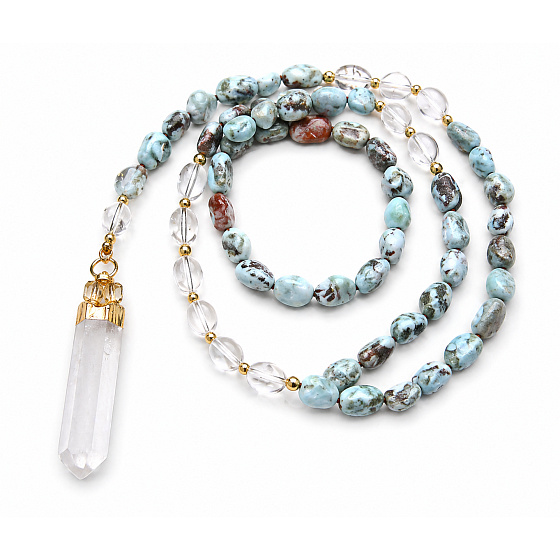 108 Mala Larimar necklace meditation jewelry, natural stone raw crystal, nugget 6 - 9 mm, pendant 8 - 15 x 45 - 70 mm