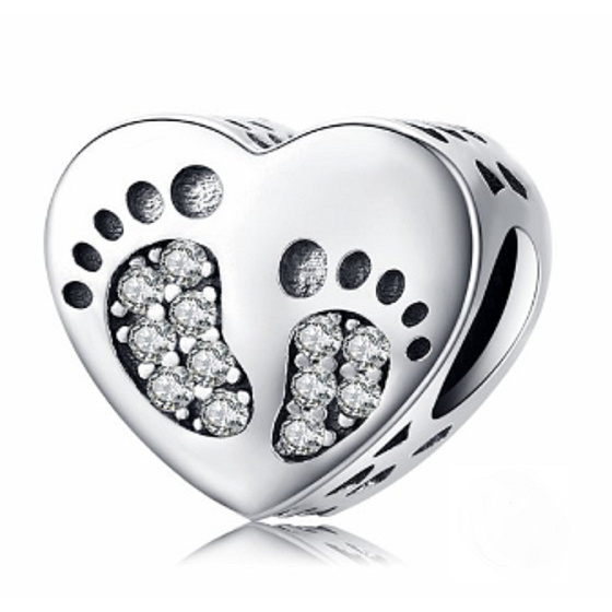 Charm Sterling silver 925 Heart footprint bead on bracelet family