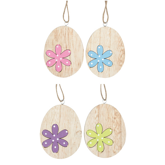Wooden egg with flower for hanging 10 cm 1 piece