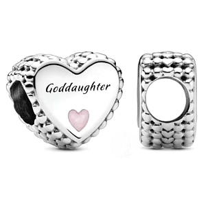 Charm Sterling silver 925 Heart christening charm - godmother, bead on bracelet family