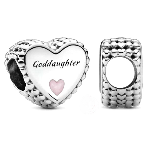 Charm Sterling silver 925 Heart christening charm - godmother, bead on bracelet family