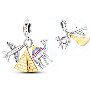 Charm Sterling silver 925 Egypt pyramid, camel, airplane, 3in1 travel bracelet pendant