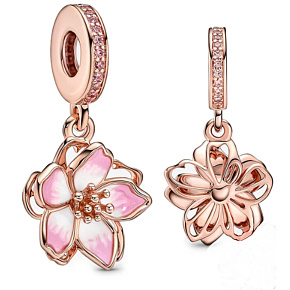 Charm Sterling silver 925 Cherry blossom gold plated in rose color, nature bracelet pendant