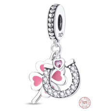 Charm Sterling Silver 925 Four-Leaf Clover for Luck, Horseshoe, Heart, 3-in-1 Pendant for Luck Bracelet