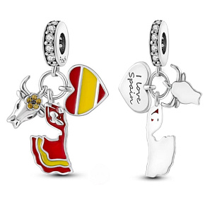 Charm Sterling Silver 925 Spain Flag Heart - Bullfighting, Flamenco, I Love Spain 3-in-1 Pendant for Travel Bracelet