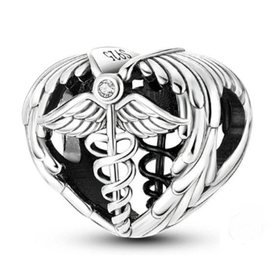 Charm Sterling Silver 925 Graduation - Aesculapius staff - emblem of doctors and pharmacists, graduate bead heart on bracelet job