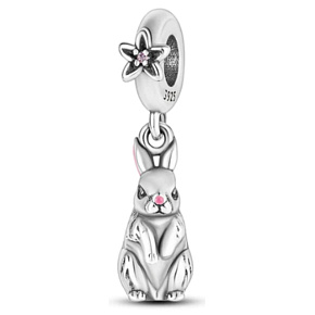Charm Sterling silver 925 Rabbit with pink nose, animal bracelet pendant Charm Sterling silver 925 Rabbit with pink nose, animal bracelet pendant