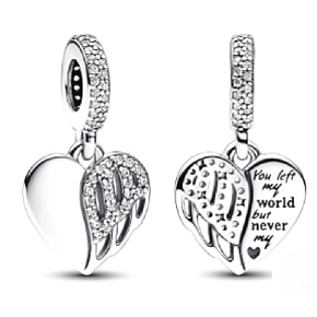 Charm Sterling Silver 925 Heart and Angel, You Left My World.. 2-in-1 pendant for bracelet, family