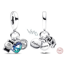 Charm Sterling silver 925 World map in heart, compass, camera 3in1, travel bracelet pendant Charm Sterling silver 925 World map in heart, compass, camera 3in1, travel bracelet pendant
