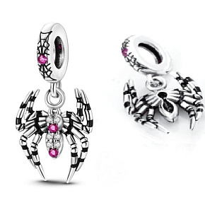 Charm Sterling silver 925 Spider, Black Widow with pink and white cubic zirconia, animal bracelet pendant