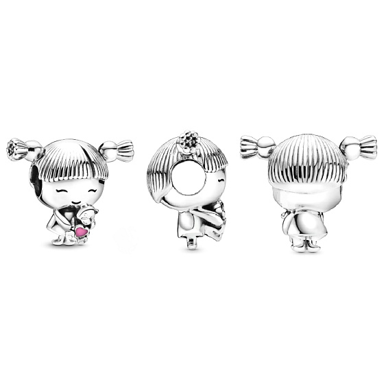 Charm Sterling silver 925 Little girl with pigtails, bead for bracelet, family
