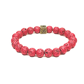 Lava light red with royal mantra Om, bracelet elastic natural stone, ball 8 mm / 16-17 cm, born of the four elements