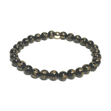 Black agate with royal mantra Om elastic bracelet natural stone, 6 mm bead / 16 - 17 cm, provides courage and strength