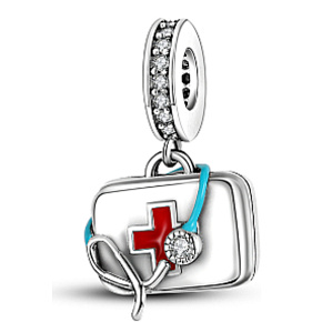 Charm Sterling silver 925 Doctor first aid kit and stethoscope, pendant on bracelet job