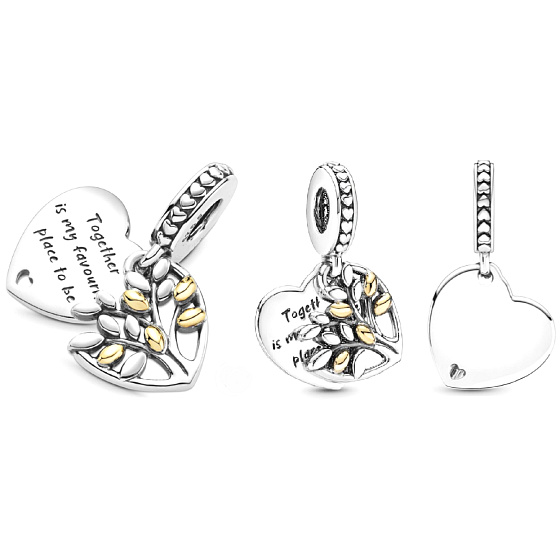 Charm Sterling silver 925 Heart and tree of life 2in1, pendant on bracelet family