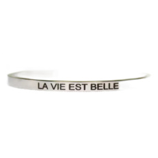 Stainless steel bracelet silver with engraving Life is beautiful, open cuff, 4 mm