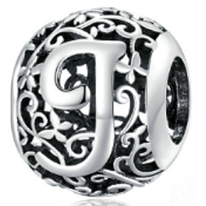 Sterling silver 925 Magic alphabet letter J with flowers, bead for bracelet