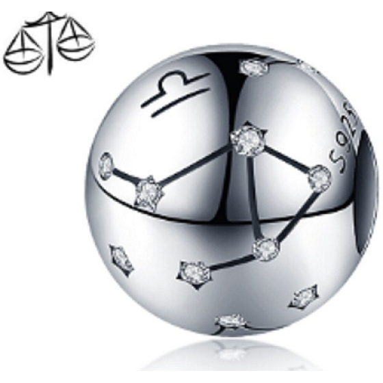 Libra zodiac sign, pendant for bracelet silver + cubic zirconia, ball 9 mm 1 piece