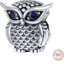 Sterling silver 925 Owl with blue cubic zirconia, bead on bracelet animal