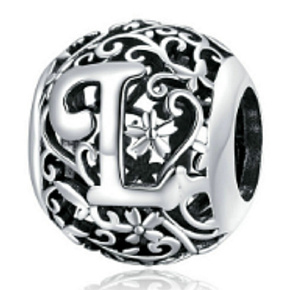Sterling silver 925 Magic alphabet letter L with flowers, bead for bracelet