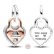Charm Sterling silver 925 Two-tone rotating heart Padlock 2in1, love bracelet pendant