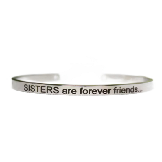 Stainless steel bracelet silver with engraving Sisters are friends forever, open cuff, 4 mm