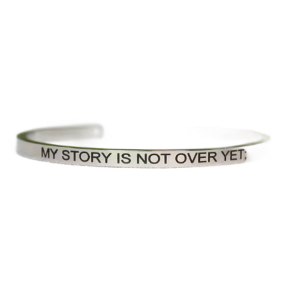 Stainless steel bracelet silver with engraving My story..., open cuff, 4 mm