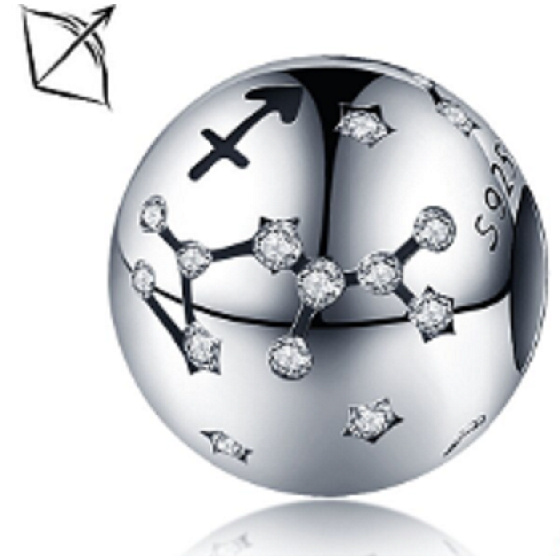 Sagittarius Zodiac sign, pendant for bracelet silver + zircons, ball 9 mm 1 piece