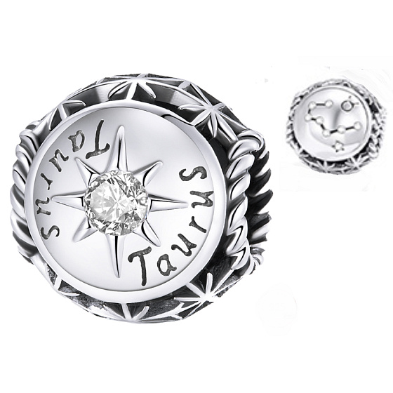 Charm Sterling silver 925 Zodiac sign, cubic zirconia Taurus, bead for bracelet