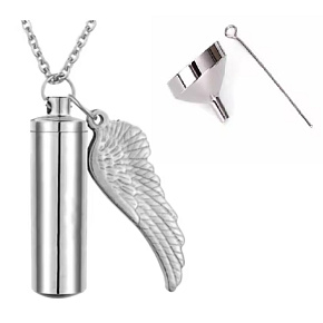 Commemorative urn pendant, Angel wings waterproof, stainless steel 9 x 37 mm