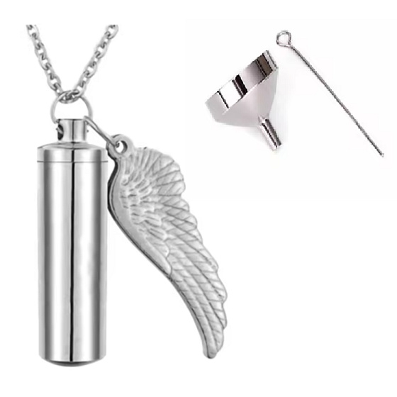 Commemorative urn pendant, Angel wings waterproof, stainless steel 9 x 37 mm