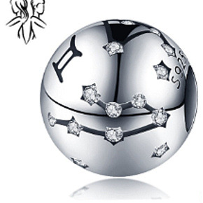 Sterling silver 925 zodiac sign Gemini + cubic zirconia, bead for bracelet 9 mm