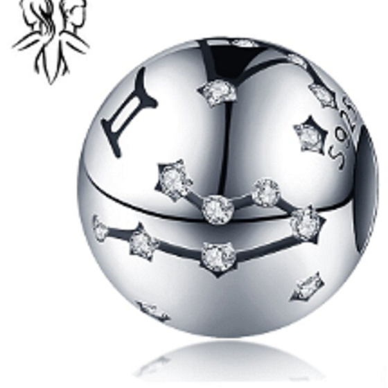 Sterling silver 925 zodiac sign Gemini + cubic zirconia, bead for bracelet 9 mm