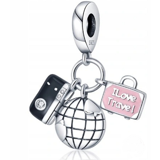 Charm Sterling silver 925 Earth globe, camera, pink suitcase 3in1, travel bracelet pendant