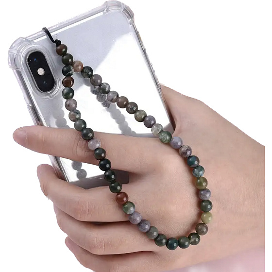 Agate Indian mobile phone pendant against loss, natural stone bead 6 mm / 26,5 cm, symbolizes the element of earth