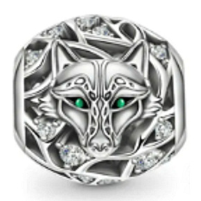 Charm Sterling Silver 925 Wolf, Green Eyes, Animal Bracelet Bead