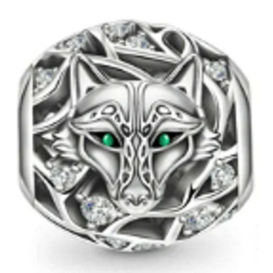 Charm Sterling Silver 925 Wolf, Green Eyes, Animal Bracelet Bead