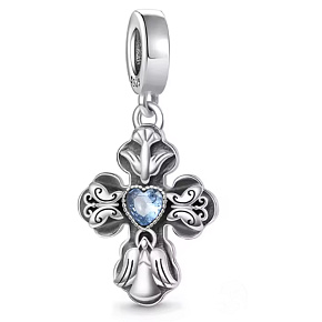 Charm Duchovní symbol, Kříž s modrým srdcem se symbolikou lásky a míru, přívěsek na náramek